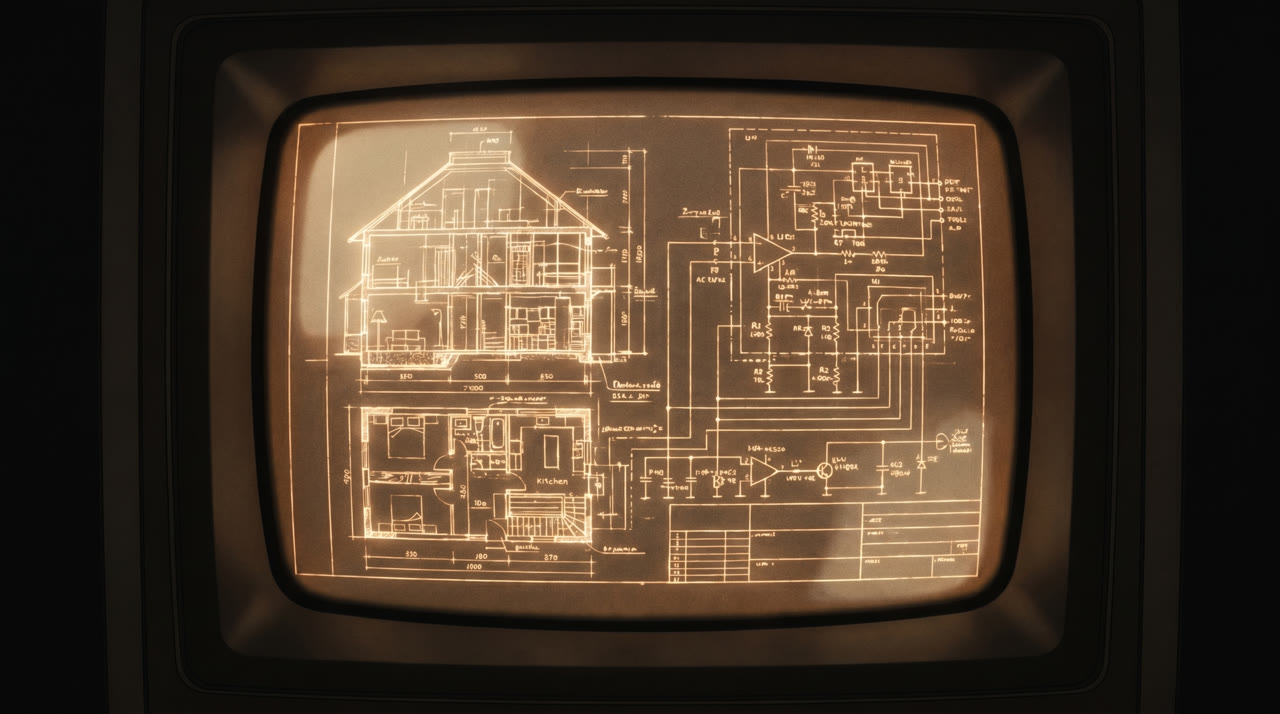 An amber control-room screen showing an architectural blueprint fused with a circuit schematic