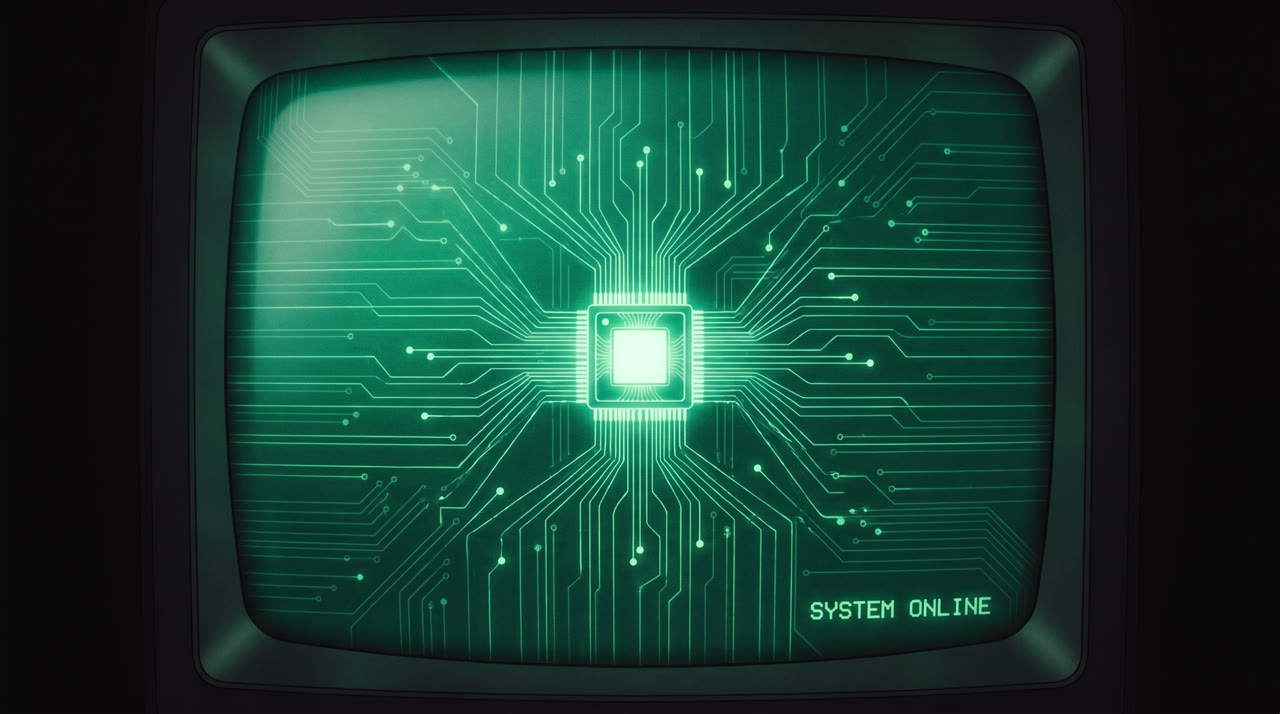 A green control-room screen showing a live system core with a radiating network, system online