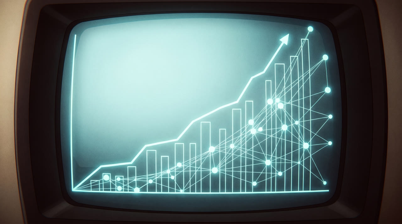 A cyan control-room screen showing a rising growth chart and an expanding network graph